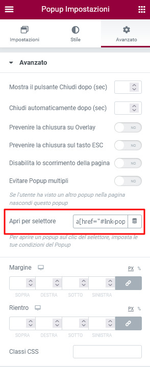 impostazioni popup